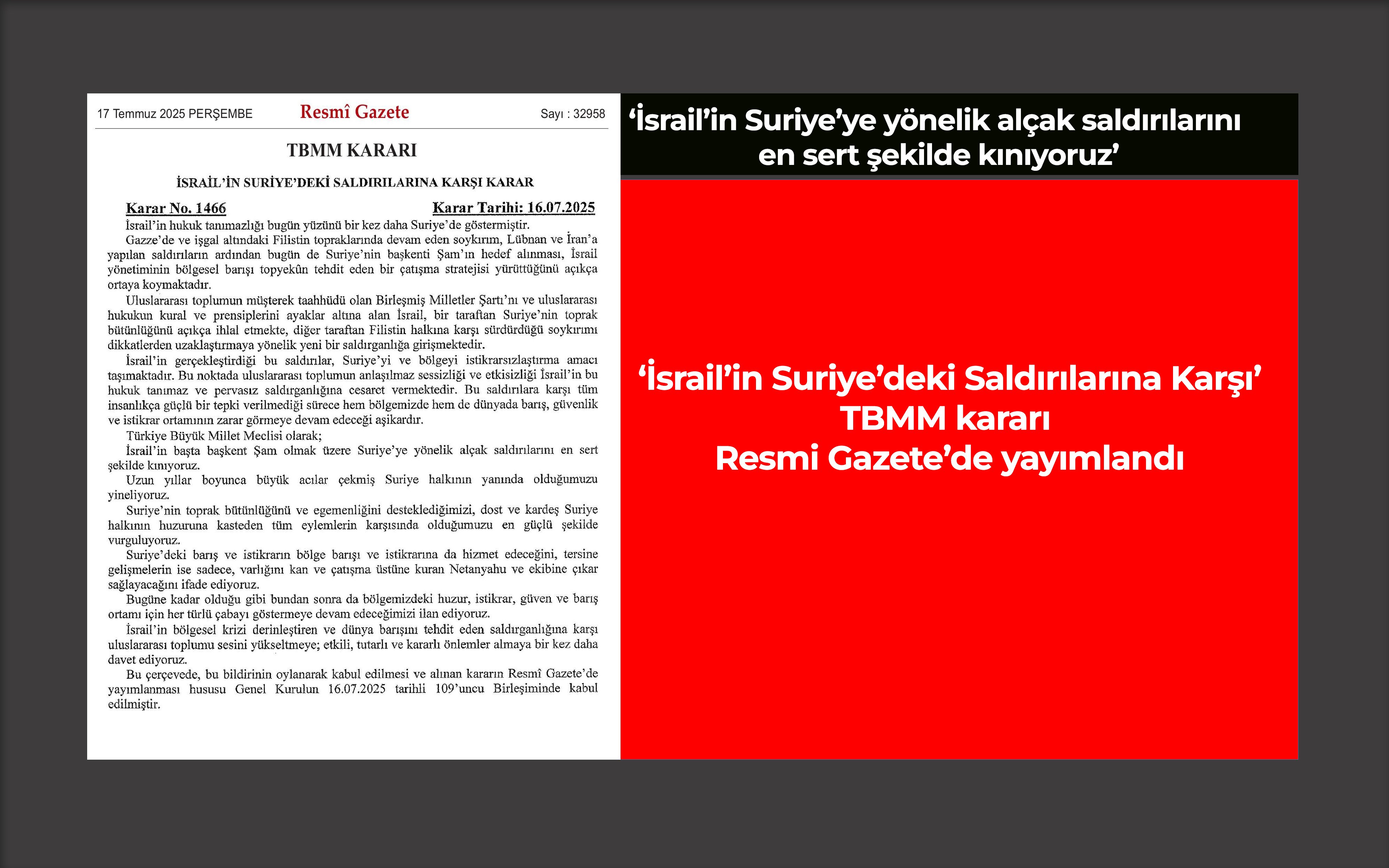 İsrail'in Suriye'deki saldırılarına karşı TBMM kararı Resmi Gazete’de yayımlandı