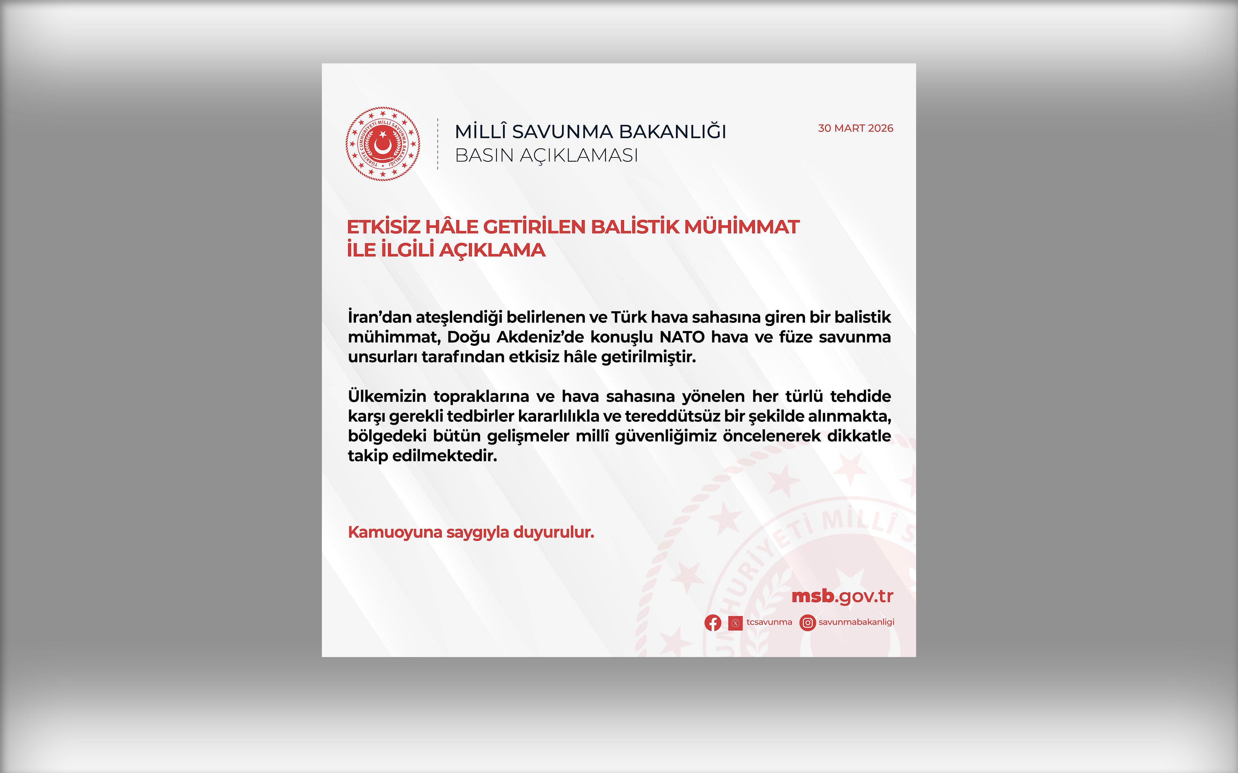 Türkiye’ye 'İran’dan ateşlendiği belirlenen' 4. füze etkisiz hale getirildi