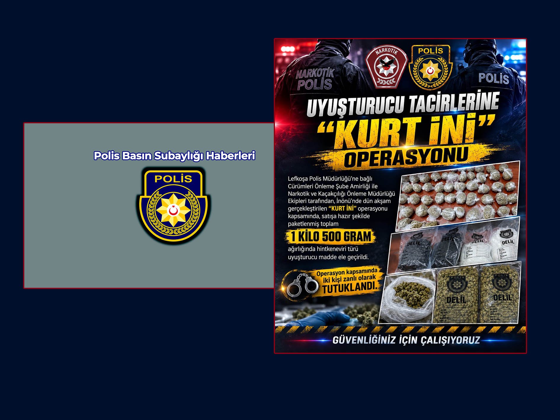 Polis 1,5 kg. hintkeneviri türü uyuşturucu ve 1565 hap ele geçirdi