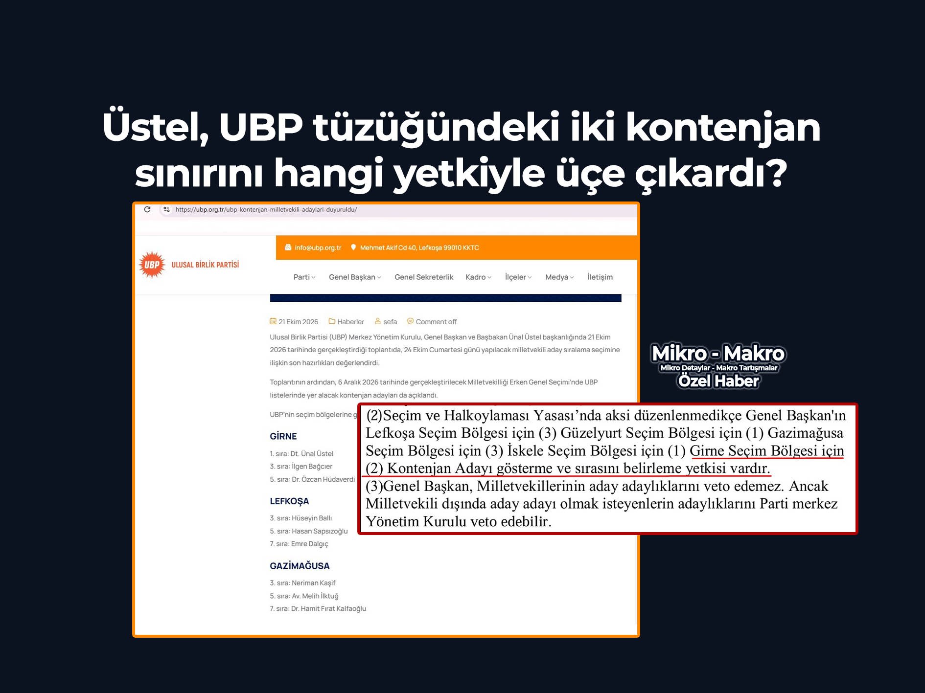 Ünal Üstel, tüzükte iki olan Girne kontenjanını hangi yetkiyle üçe çıkardı?
